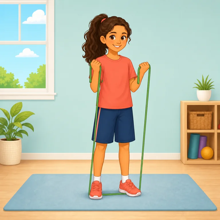 Child demonstrating resistance band bicep curls