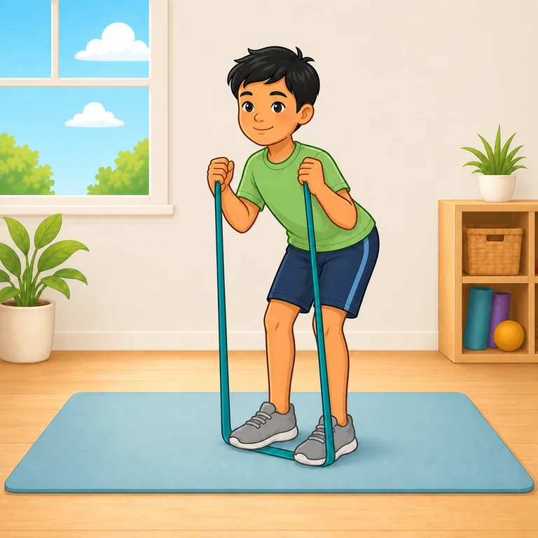Child demonstrating resistance band good mornings