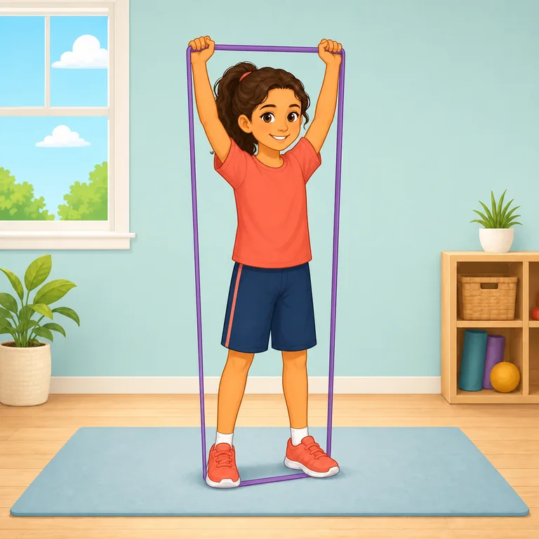 Child demonstrating a resistance band overhead press