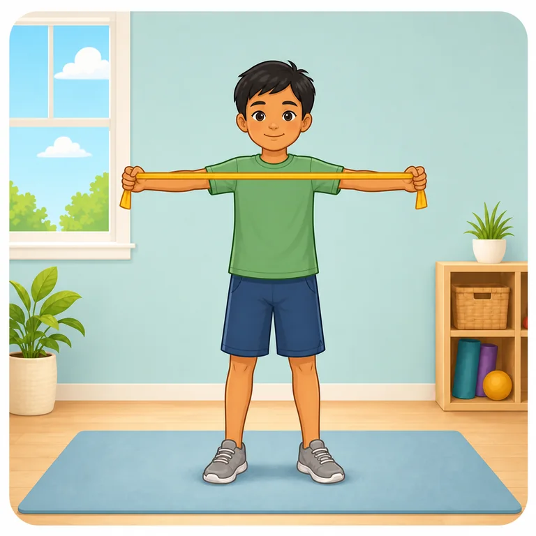 Child demonstrating a resistance band pull-apart