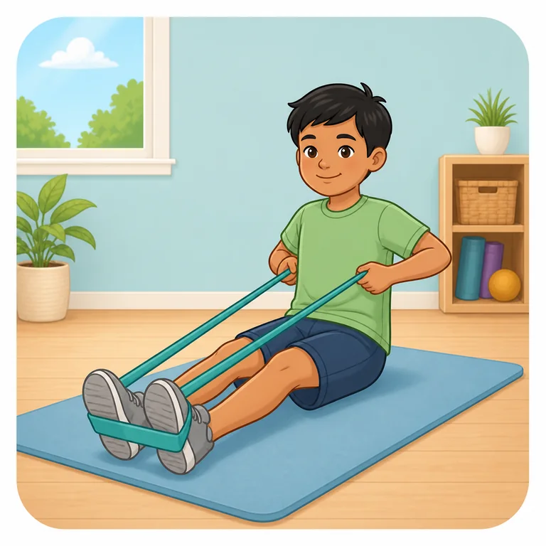 Child demonstrating a resistance band row