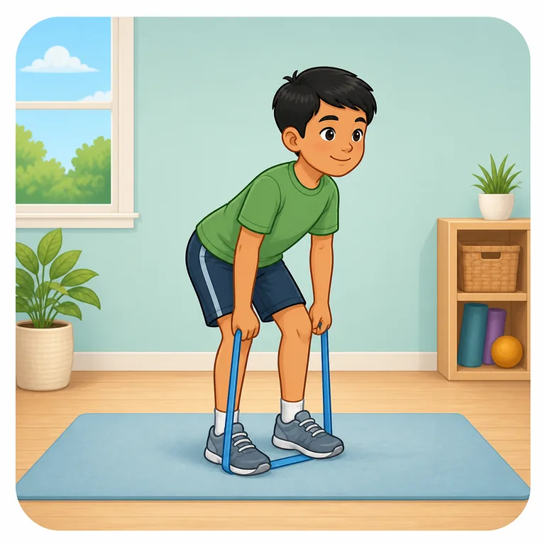 Child demonstrating resistance band squats