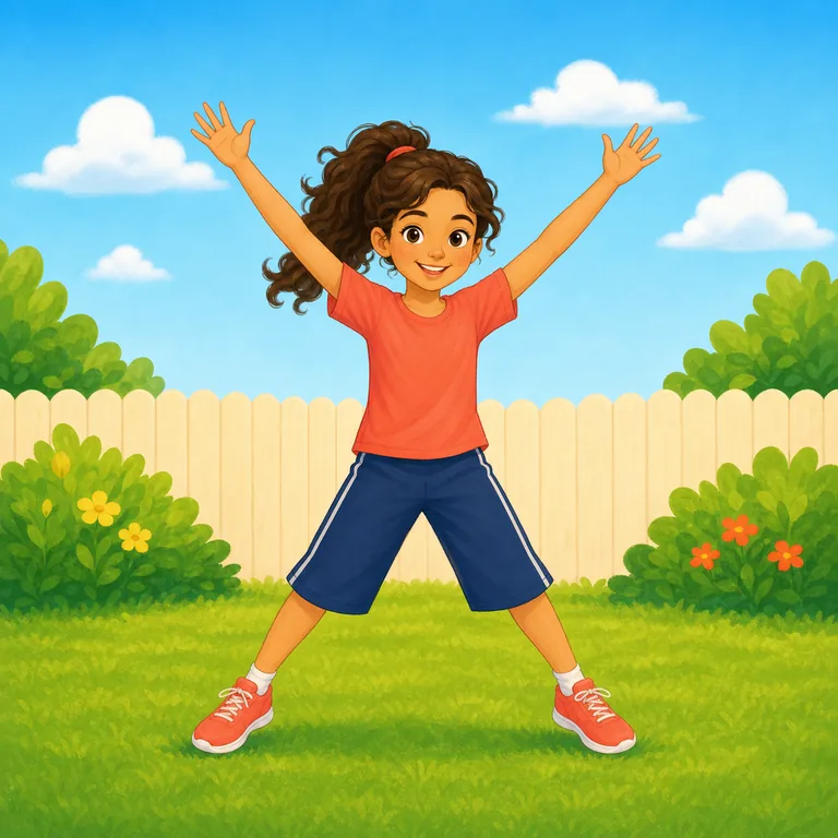 Child demonstrating jumping jacks in BodeeFit's illustrated exercise style