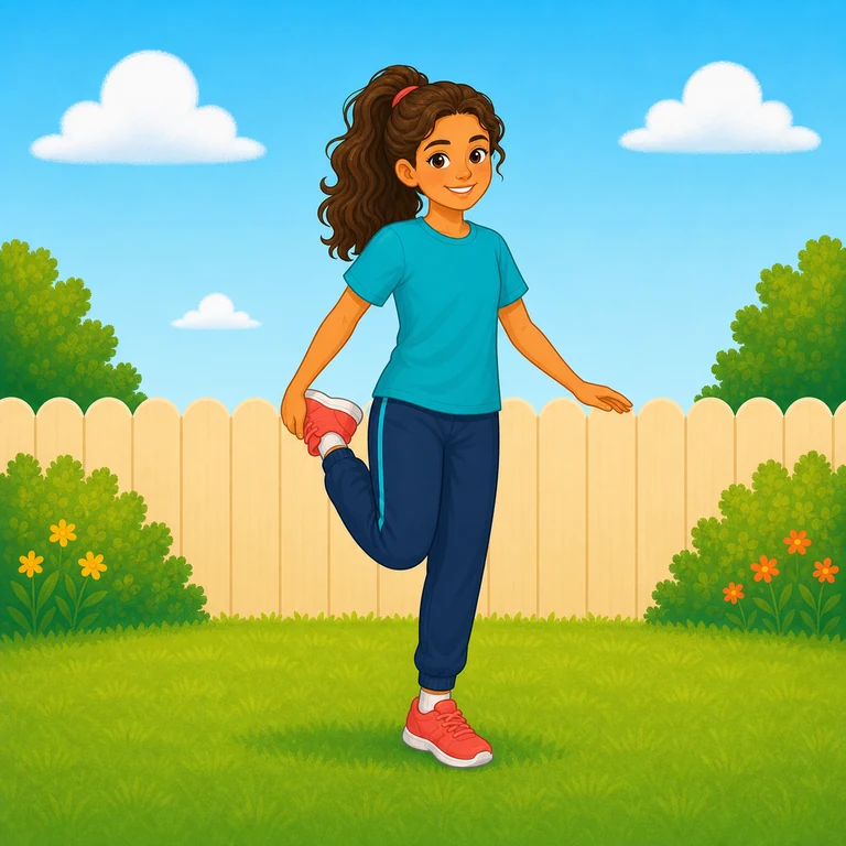 Child demonstrating a standing quad stretch