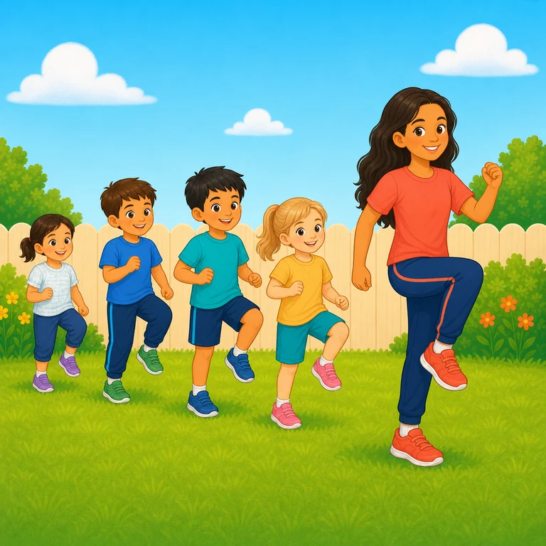 Children playing follow the leader outdoors